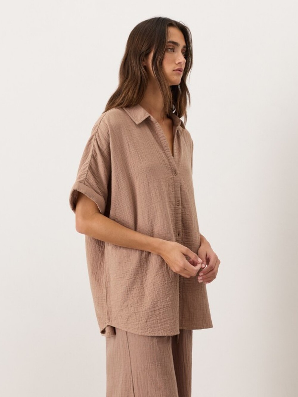 Pact Organic Coastal Double Gauze Oversized Shirt, XL, Driftwood Brown, Cotton - Picture 4 of 11